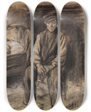 Triptych art skateboard deck of Max Liebermann Bauer An Der Wiege Der Witwer by Max Liebermann (1847-1935)