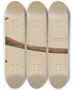 Triptych art skateboard deck of Elmer G Anderson Firemans Axe by Elmer G Anderson