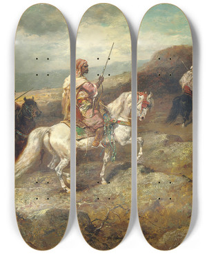 Triptych art skateboard deck of Adolf Schreyer Arab Warriors On A Rocky Hillside by Adolf Schreyer (1828-1899)
