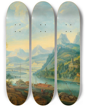 Triptych art skateboard deck of Jan Griffier A River Landscape With Mountains by Jan Griffier (1648-1718)