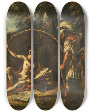 Triptych art skateboard deck of Gaspare Diziani Alexander And Diogenes by Gaspare Diziani (1689-1767)