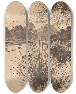 Triptych art skateboard deck of David Young Cameron The Clyde Near Carmyle by David Young Cameron (1865-1945)