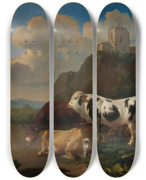 Triptych art skateboard deck of Dutch School A Landscape With Cattle And Ruins Beyond by Dutch School