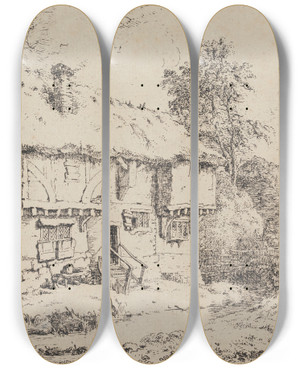 Triptych art skateboard deck of William Henry Pyne Old Cottages_2 by William Henry Pyne (1769-1843)