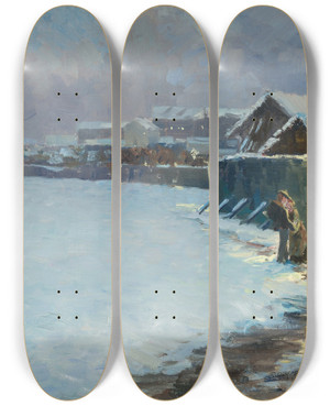 Triptych art skateboard deck of Wilhelm Ludwig Lehmann Winternacht Mnchen by Wilhelm Ludwig Lehmann (1861-1932)