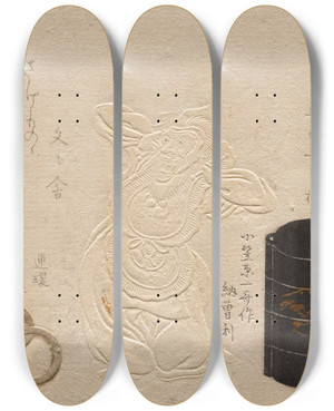 Triptych art skateboard deck of Kubo Shunman Three Antiques From The Series Esteemed Objects Leather Inro Netsuke Meibutsu Kawa Do Inro Donetsuke by Kubo Shunman (1757-1820)