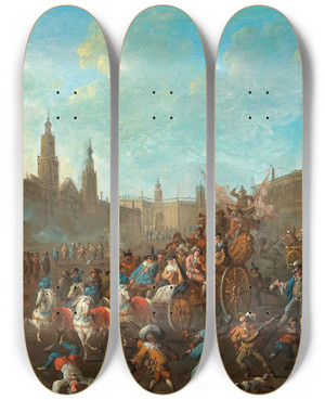 Triptych art skateboard deck of Arnold Frans Rubens Carnival In An Italianate Piazza by Arnold Frans Rubens (1687-1719)
