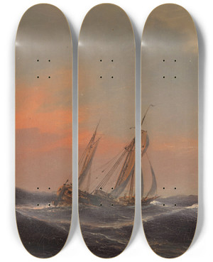 Triptych art skateboard deck of Anton Melbye Segelschiff Auf Schwerer See by Anton Melbye (1818-1875)
