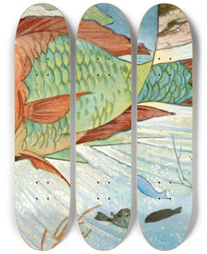 Triptych art skateboard deck of Stephen Haweis Parrot Fish by Stephen Haweis (1878-1969)