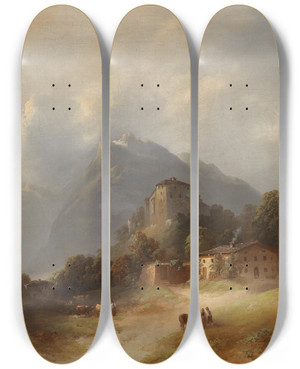 Triptych art skateboard deck of Franz Barbarini Landschaft by Franz Barbarini (1804-1873)