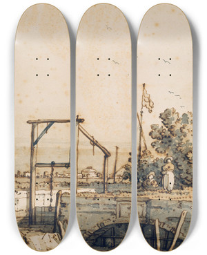 Triptych art skateboard deck of Canaletto Capriccio With A Lock Gate By A River by Canaletto (1697-1768)