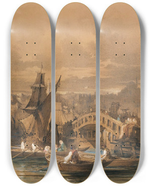 Triptych art skateboard deck of Amadeo Preziosi Galata Bridge Constantinople by Amadeo Preziosi (1816-1882)
