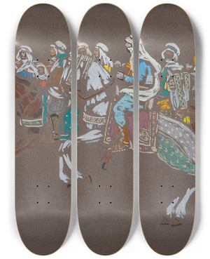 Triptych art skateboard deck of Wassily Kandinsky Arab Cavalry by Wassily Kandinsky (1866-1944)