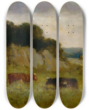 Triptych art skateboard deck of Edward Mitchell Bannister Untitled Landscape With Two Cows by Edward Mitchell Bannister (1828-1901)