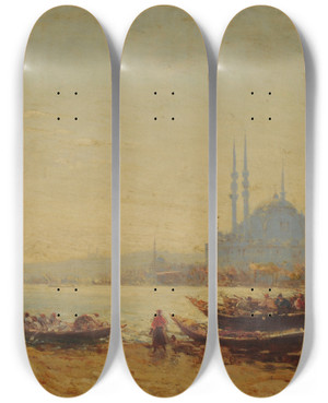 Triptych art skateboard deck of Flix Ziem Le Bosphore Au Matin by Felix Ziem (1821-1911)