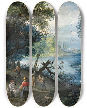 Triptych art skateboard deck of Balthasar Beschey Ariver Landscape With Figures by Balthasar Beschey (1708-1776)