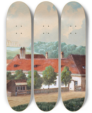Triptych art skateboard deck of Franz Sager Das Caferestaurant Die Schwarze Weste In Wienrudolfsheim by Franz Sager (1821-1891)