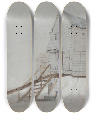 Triptych art skateboard deck of George Bryant Campion A Figure Beside A Windmill by George Bryant Campion (1795-1870)
