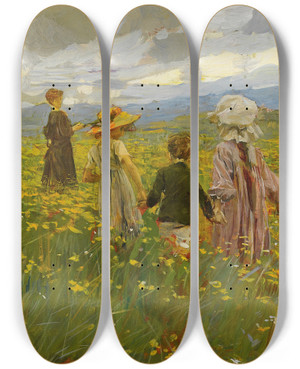 Triptych art skateboard deck of Ettore Tito Children by Ettore Tito (1859-1941)