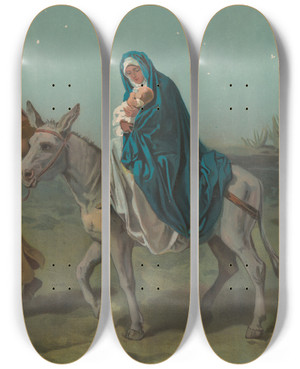 Triptych art skateboard deck of Harris Jones Co Flight Into Egypt by Harris Jones Co (1868)