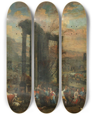 Triptych art skateboard deck of Peeter Van Bredael An Italianate Landscape With A Market Scene_1 by Peeter Van Bredael (1629-1719)