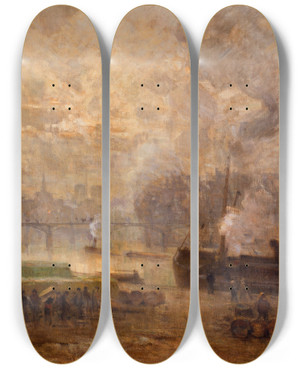 Triptych art skateboard deck of Germain Eugne Bonneton La Seine Au Port Saintnicolas by Germain Eugene Bonneton (1874-1915)