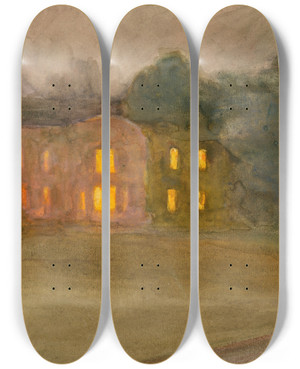 Triptych art skateboard deck of Clare Marsh A Great House Lit At Night by Clare Marsh