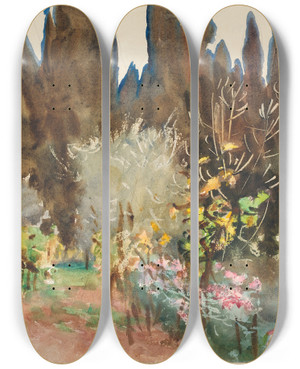 Triptych art skateboard deck of John Singer Sargent Gardens At Florence by John Singer Sargent (1856-1925)