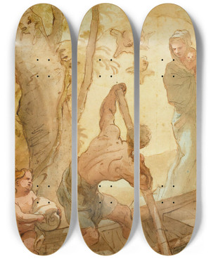 Triptych art skateboard deck of Domenico Piola The Flight Into Egypt by Domenico Piola (1627-1703)