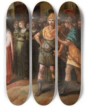 Triptych art skateboard deck of Nicolas Moillon Scene Of Chevalry by Nicolas Moillon (1610-1696)