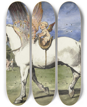 Triptych art skateboard deck of Hans Thoma Cherub On Pegasus by Hans Thoma (1839-1924)