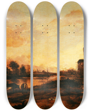 Triptych art skateboard deck of Aert Van Der Neer Coucher De Soleil Sur Lyssel by Aert van der Neer (1603-1677)
