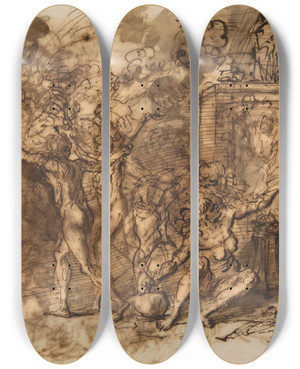 Triptych art skateboard deck of Salvator Rosa Figures Gathered Around A Tree by Salvator Rosa (1615-1673)