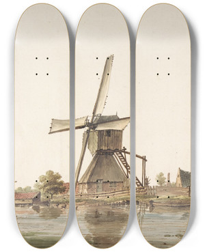 Triptych art skateboard deck of Anthonie Erkelens Landscape With Windmill by Anthonie Erkelens (1774-1804)