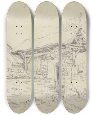 Triptych art skateboard deck of Lambert Doomer Dorfkirchhof Rechts Ein Mann by Lambert Doomer (1623-1700)