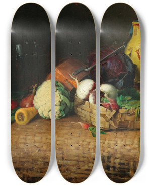 Triptych art skateboard deck of Josef Kinzel Kchenstillleben Mit Tonkrug by Josef Kinzel (1852-1925)