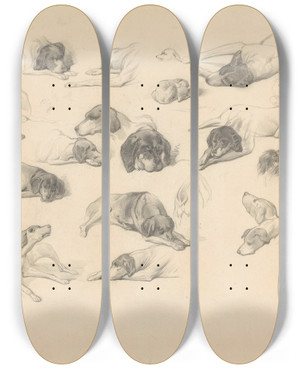 Triptych art skateboard deck of August Alleb Schetsblad Met Diverse Hondenstudies by August Allebe (1838-1927)