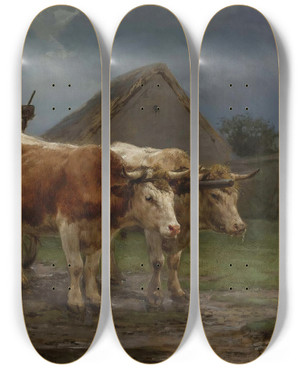 Triptych art skateboard deck of Rosa Bonheur Oxen Pulling A Cart by Rosa Bonheur (1822-1899)