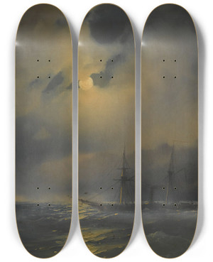 Triptych art skateboard deck of Ivan Konstantinovich Aivazovsky Shipping In Moonlight by Ivan Konstantinovich Aivazovsky (1817-1900)