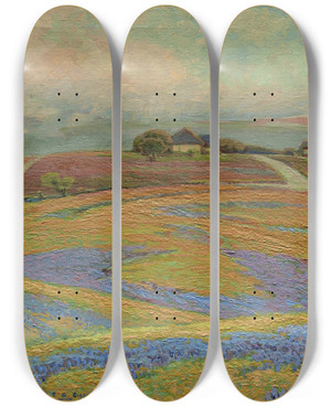 Triptych art skateboard deck of Edward G Eisenlohr Spring Fields At Grand Prairie by Edward G Eisenlohr (1872-1961)