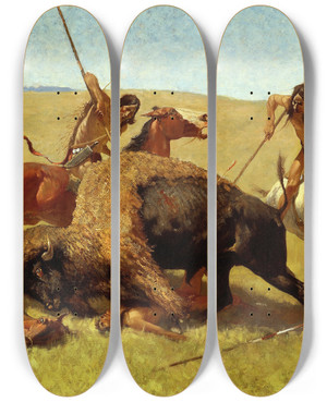 Triptych art skateboard deck of Frederic Remington The Buffalo Hunt by Frederic Remington (1861-1909)