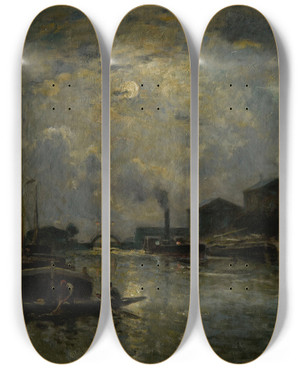 Triptych art skateboard deck of Stanislas Lpine Bateaux Sur Le Fleuve Clair De Lune by Stanislas Lepine (1835-1892)