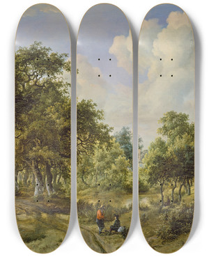 Triptych art skateboard deck of Meindert Hobbema A Wooded Landscape_2 by Meindert Hobbema (1638-1709)
