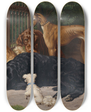 Triptych art skateboard deck of Otto Bache Dogs Not Admitted by Otto Bache (1839-1927)