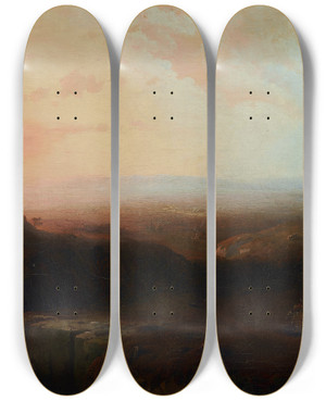 Triptych art skateboard deck of Thomas Moran Mountain Scene by Thomas Moran (1837-1926)
