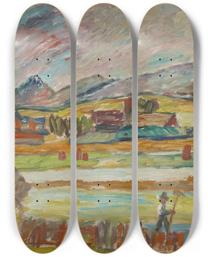 Triptych art skateboard deck of Sasza Blonder Peasant With A Rake by Sasza Blonder (1909-1949)