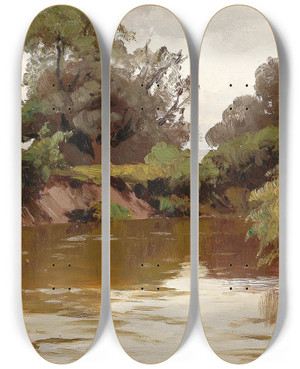 Triptych art skateboard deck of Josef Willroider River Landscape by Josef Willroider (1838-1915)