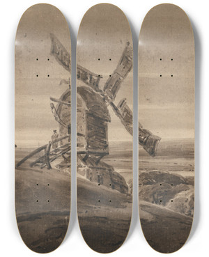 Triptych art skateboard deck of Franois Louis Thomas Francia Landscape With A Windmill by Francois Louis Thomas Francia (1772-1839)