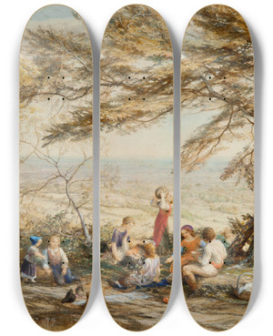Triptych art skateboard deck of Samuel Palmer The Rustic Dinner by Samuel Palmer (1805-1881)