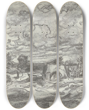 Triptych art skateboard deck of Anton Burger Landscape In Stormy Weather by Anton Burger (1824-1905)
